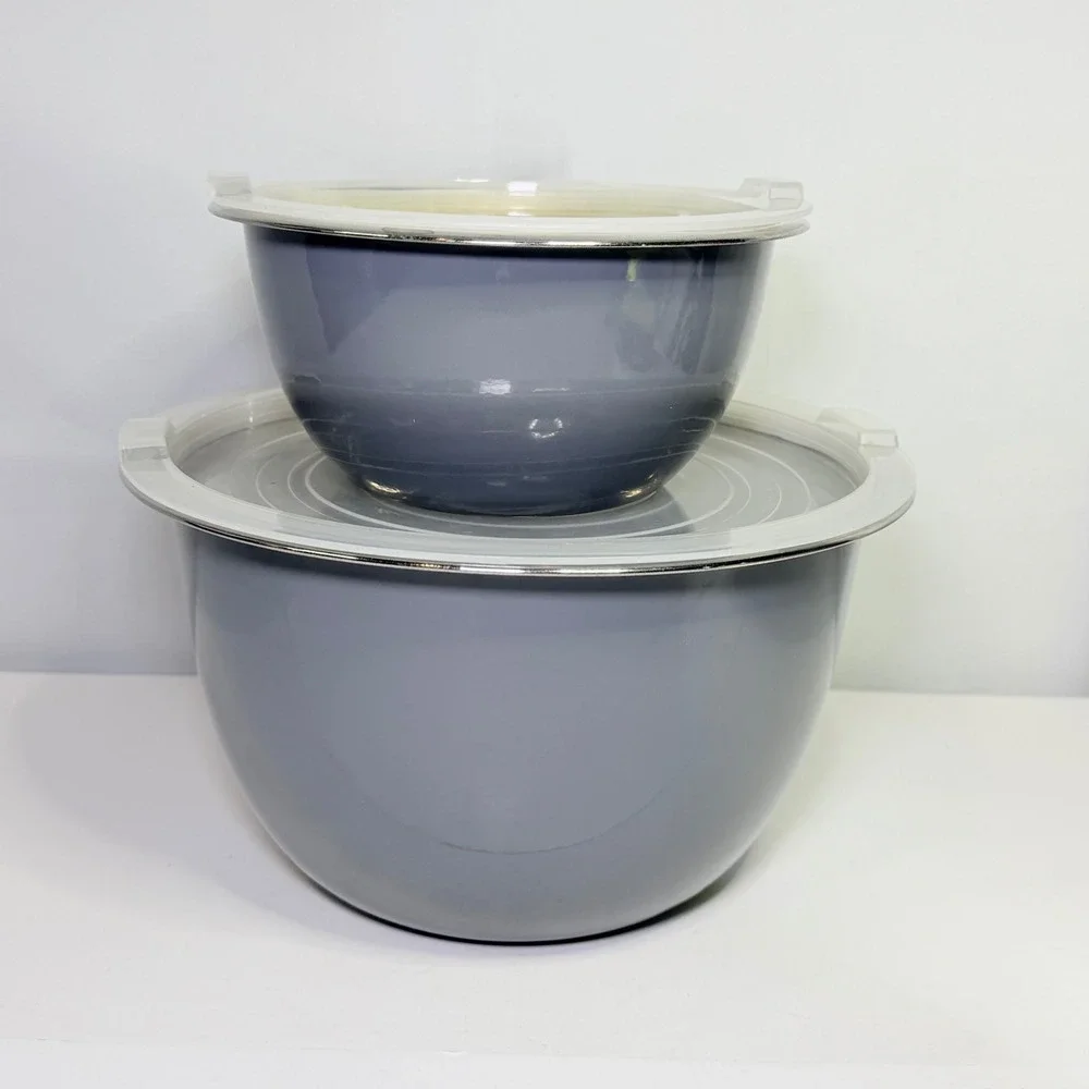 Grey Enamel Stainless Steel Mixing Bowls with Lids Set of 2 Nesting Storage